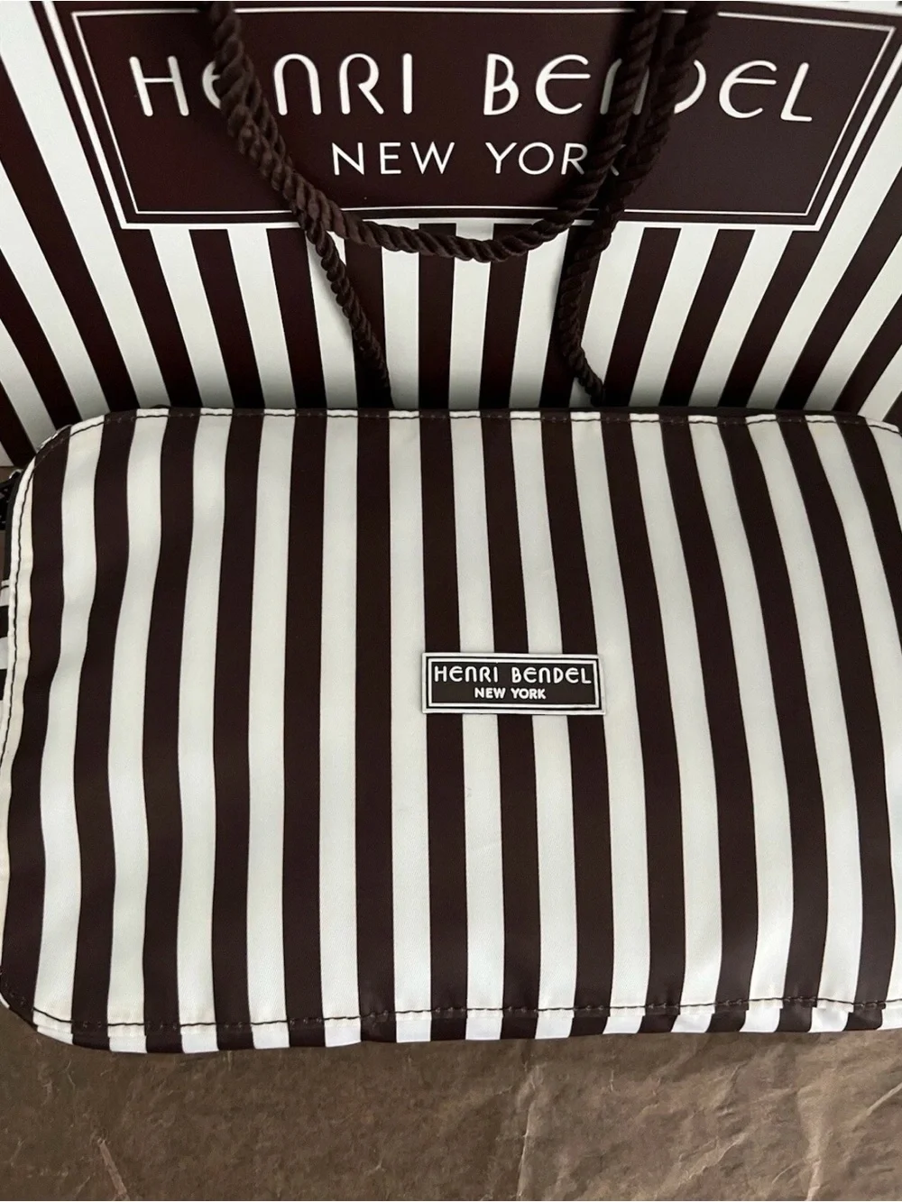 Henri Bendel Brown and White Striped packable backpack, lightweight, zip around
